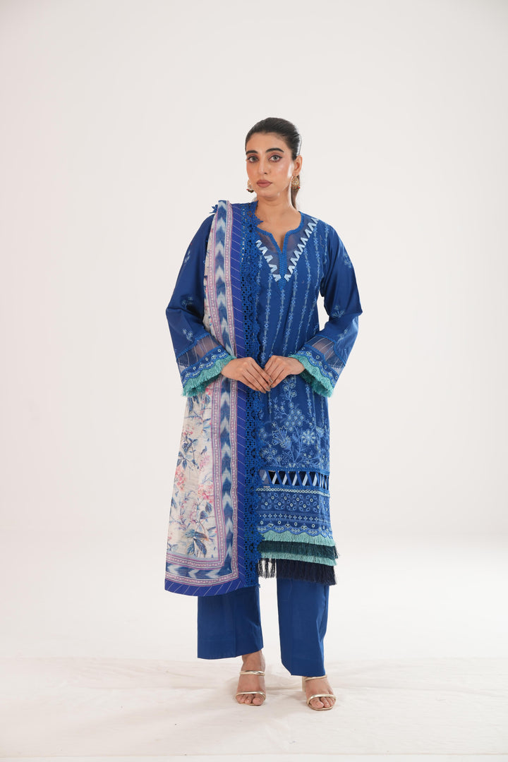 Embroidered Lawn Blue Stitched Suit - Zellbury