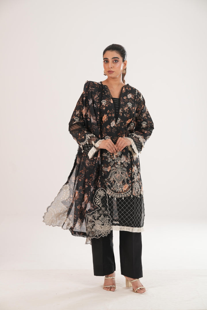 Embroidered Lawn Black Stitched Suit - Zellbury