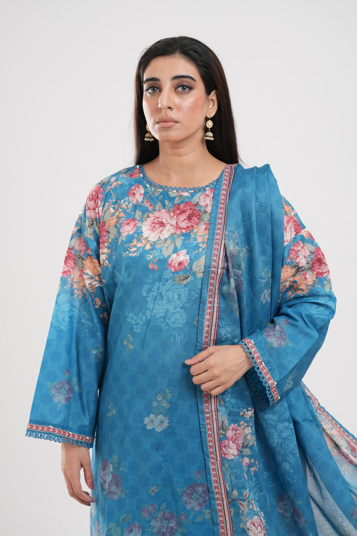 Lawn Blue Stitched Suit - Zellbury