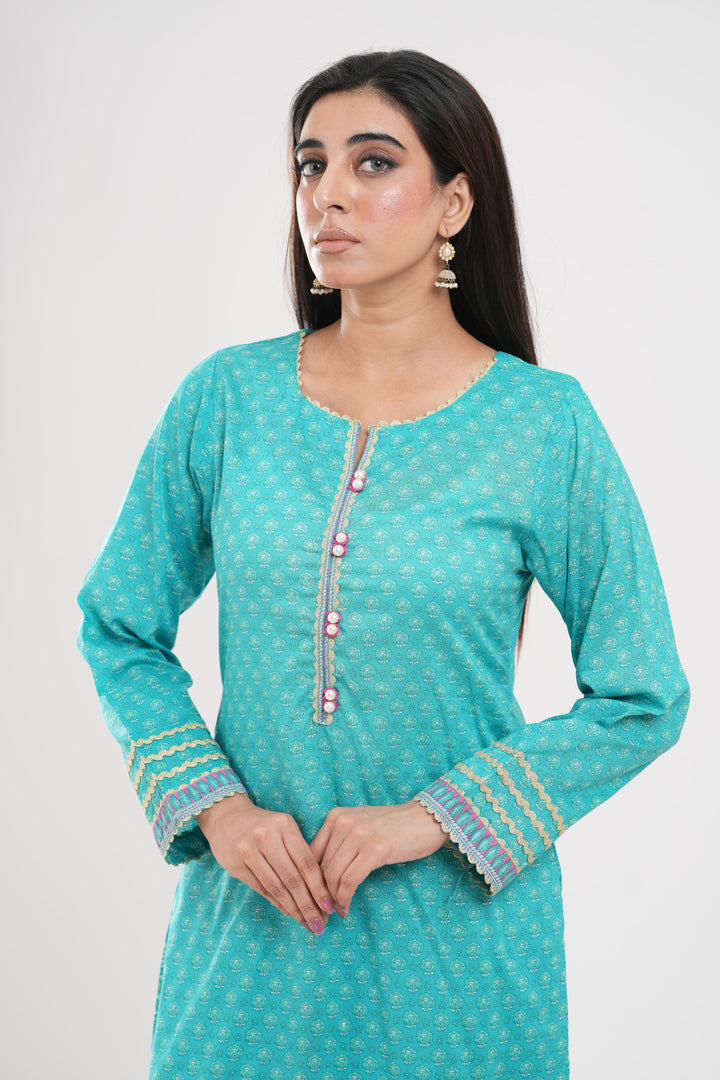 Lawn Cyan Stitched Suit - Zellbury