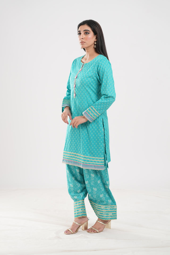 Lawn Cyan Stitched Suit - Zellbury