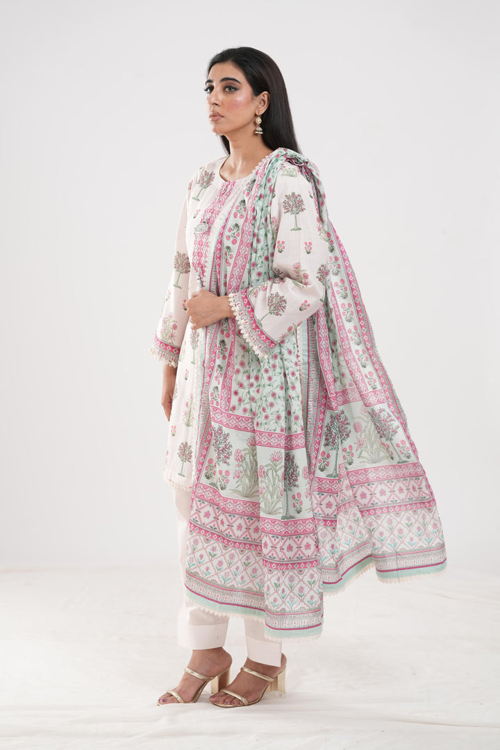 Lawn White Stitched Suit - Zellbury