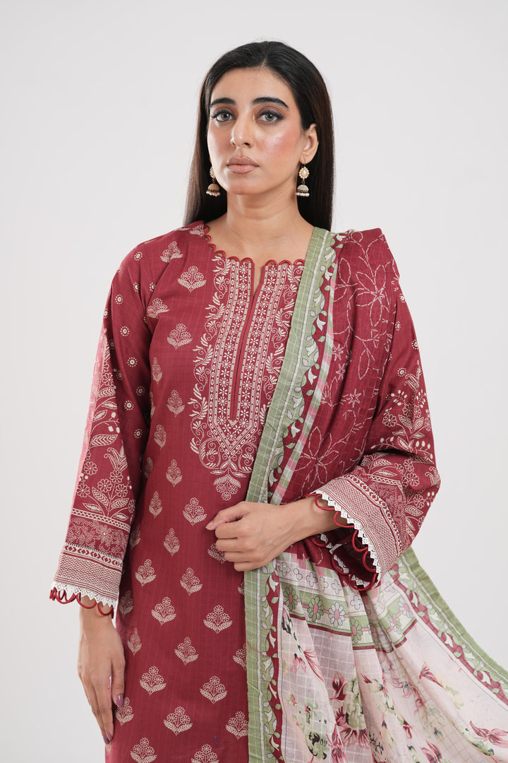 Lawn Maroon Stitched Suit - Zellbury