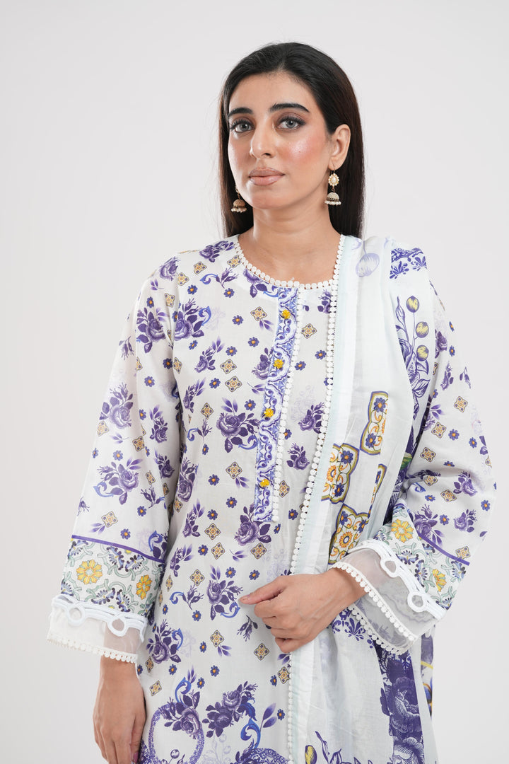 Lawn White Stitched Suit - Zellbury