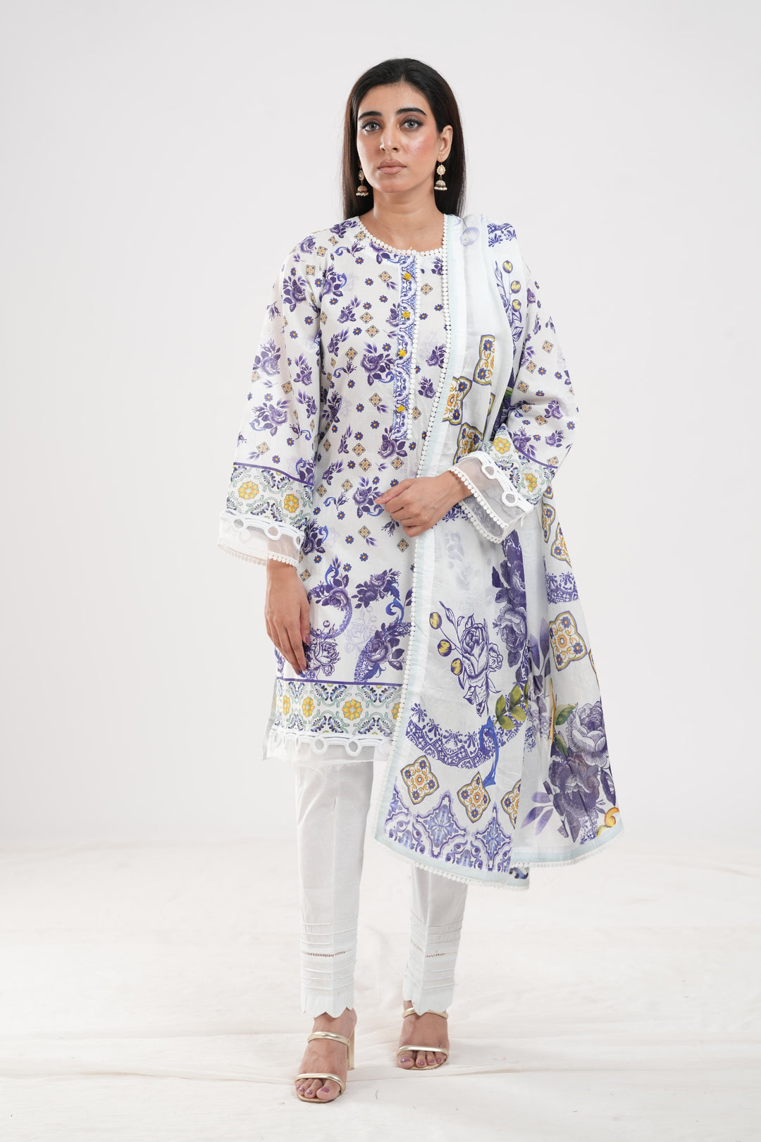 Lawn White Stitched Suit - Zellbury