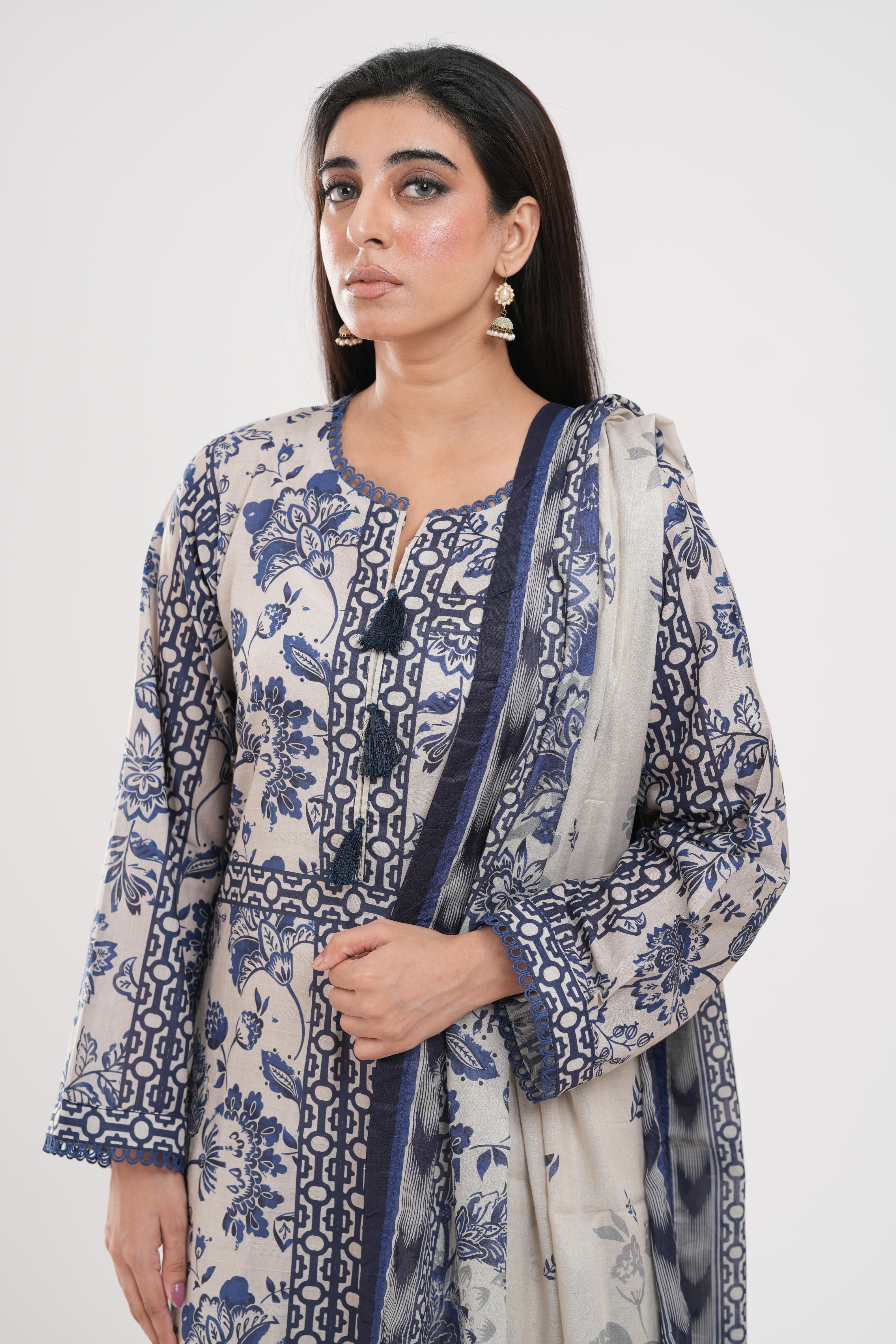 Lawn Off White Stitched Suit - Zellbury – Janan