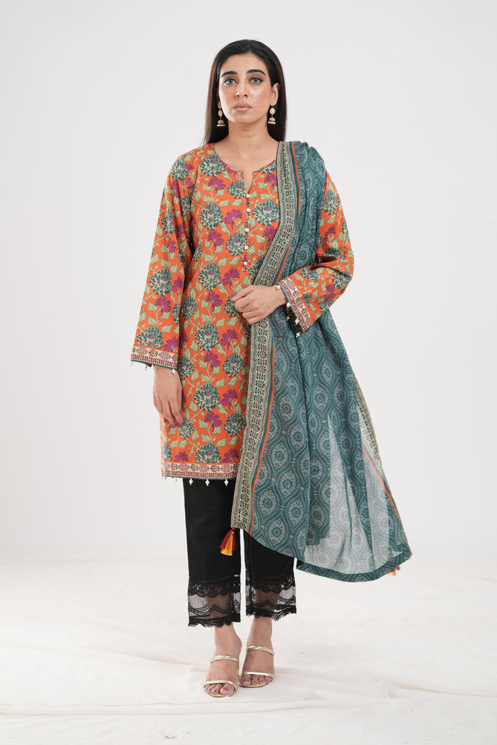 Lawn Rust Stitched Suit - Zellbury