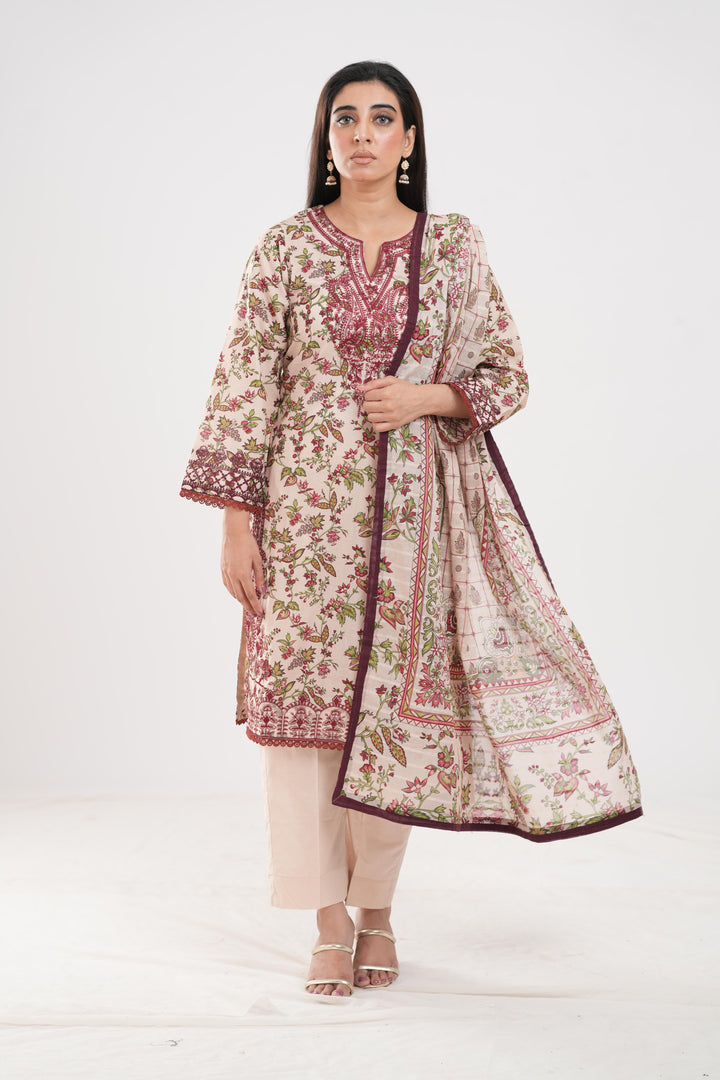 Lawn Beige Stitched Suit - Zellbury