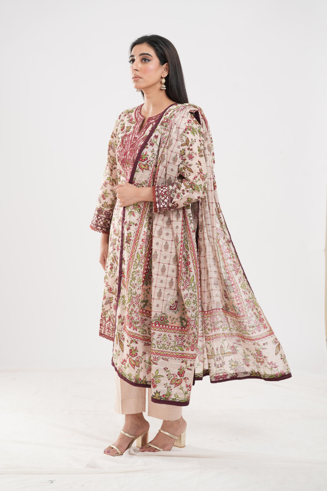 Lawn Beige Stitched Suit - Zellbury