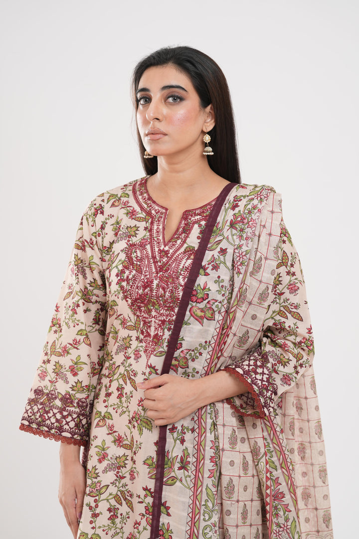 Lawn Beige Stitched Suit - Zellbury