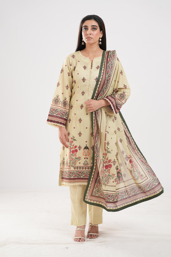 Lawn Beige Stitched Suit - Zellbury