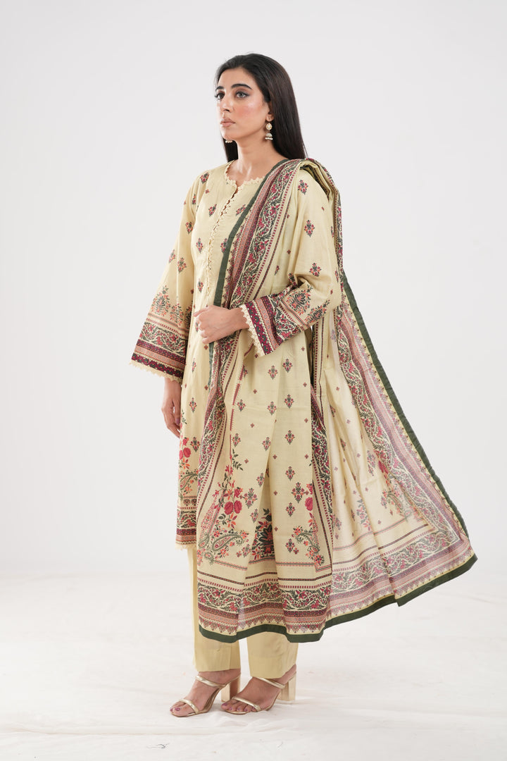 Lawn Beige Stitched Suit - Zellbury