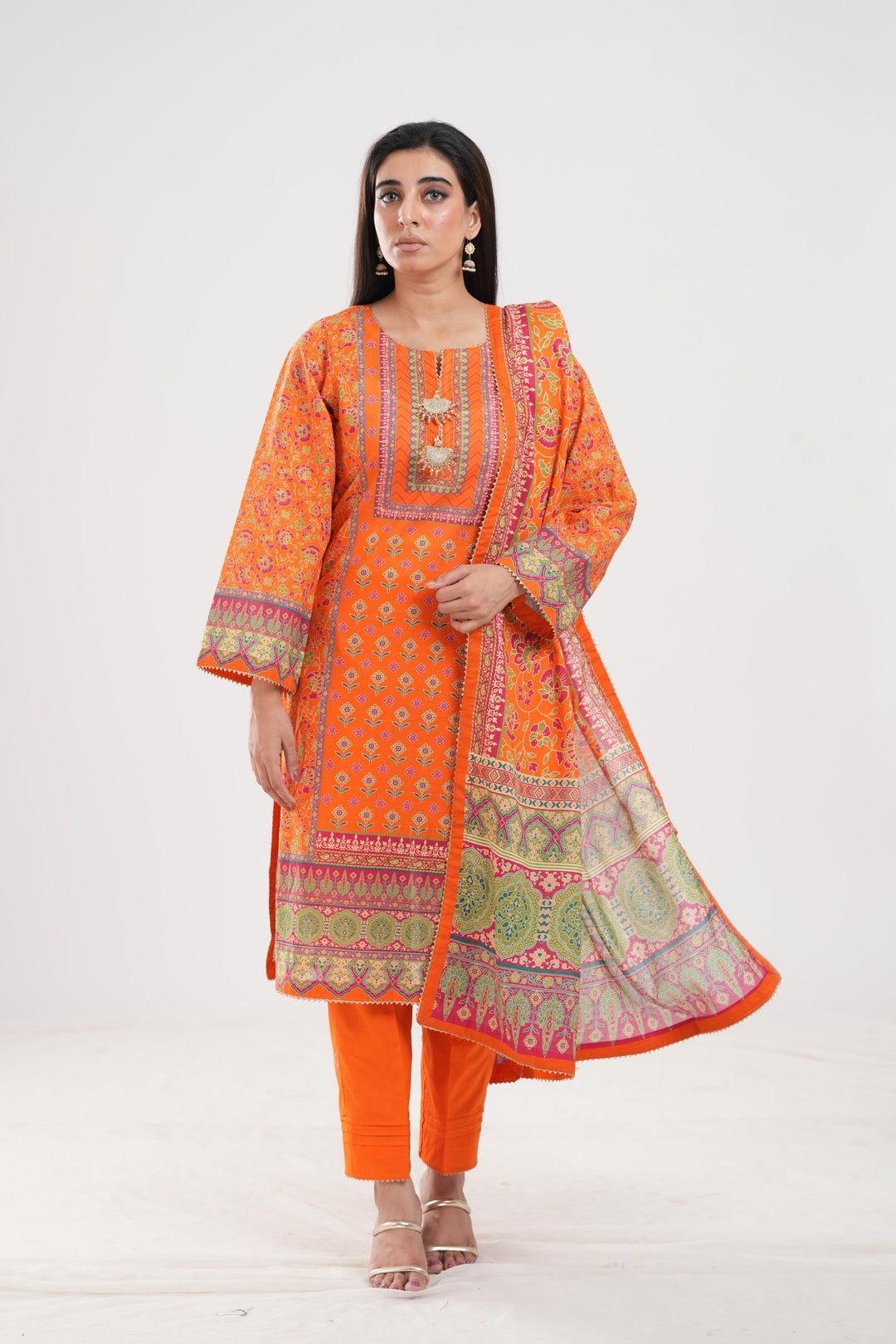 Lawn Orange Stitched Suit - Zellbury