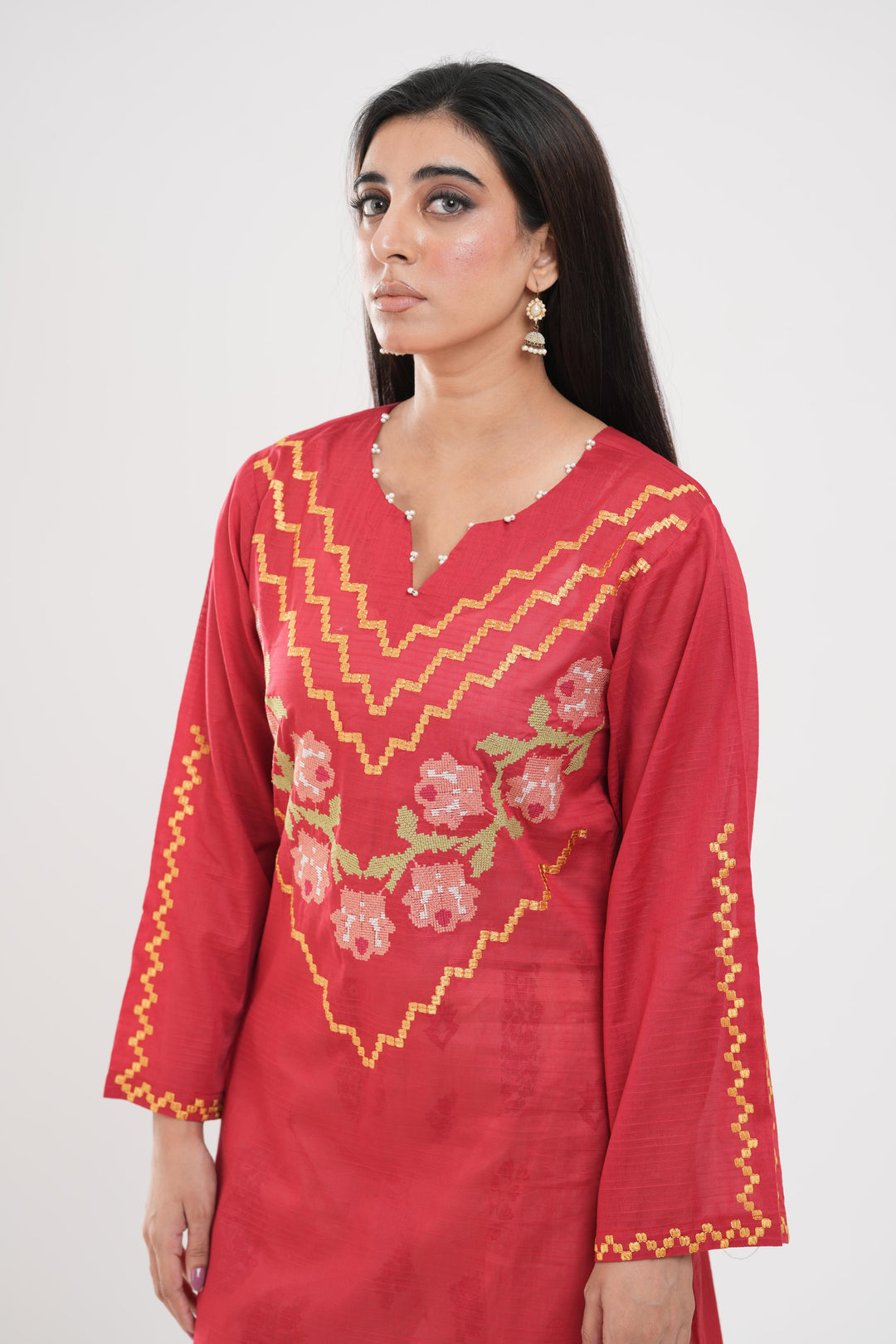 Lawn Red Stitched Suit - Zellbury