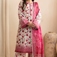 Lawn White & Pink Stitched Suit - Zellbury