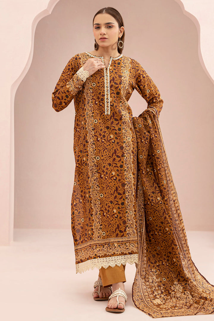 Lawn Brown Stitched Suit - Zellbury