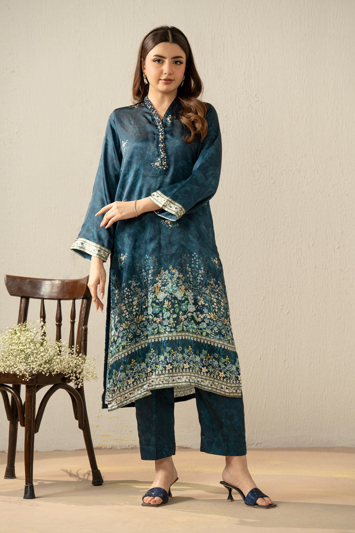 Embellished Silk Teal Stitched Suit - Zeen