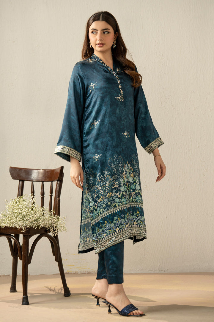 Embellished Silk Teal Stitched Suit - Zeen