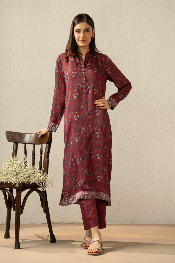 Embellished Silk Plum Stitched Suit - Zeen