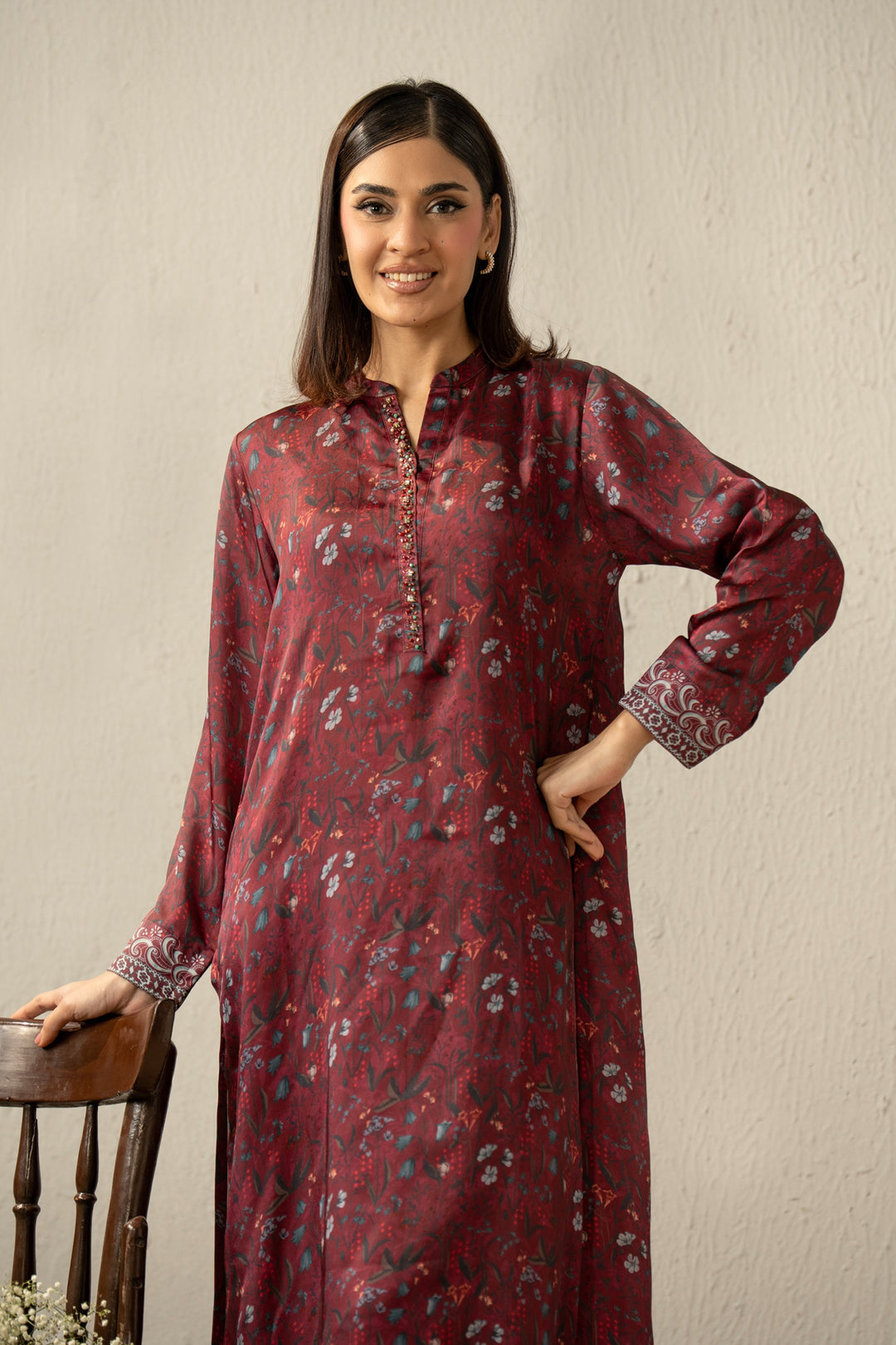 Embellished Silk Plum Stitched Suit - Zeen