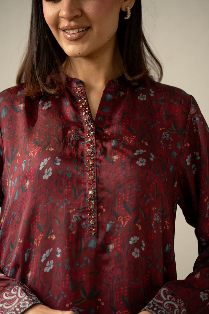 Embellished Silk Plum Stitched Suit - Zeen