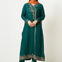 Embroidered Raw Silk Teal Green Stitched Suit - Zeen