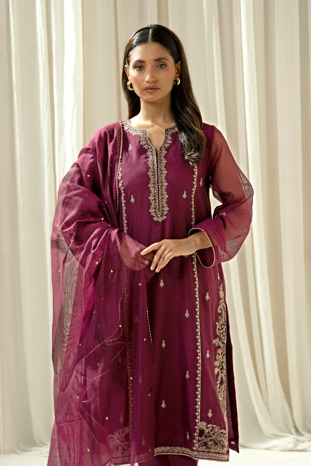 Embroidered Khaddi Net Plum Stitched Suit - Zeen