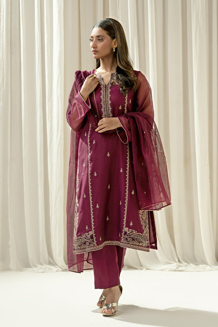 Embroidered Khaddi Net Plum Stitched Suit - Zeen
