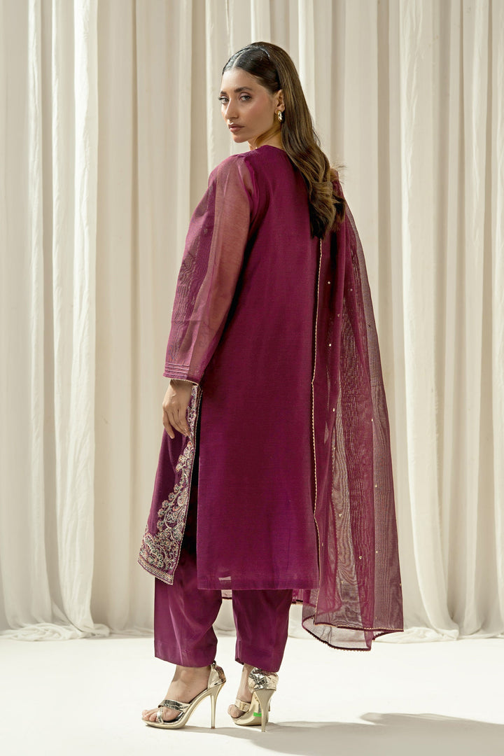Embroidered Khaddi Net Plum Stitched Suit - Zeen