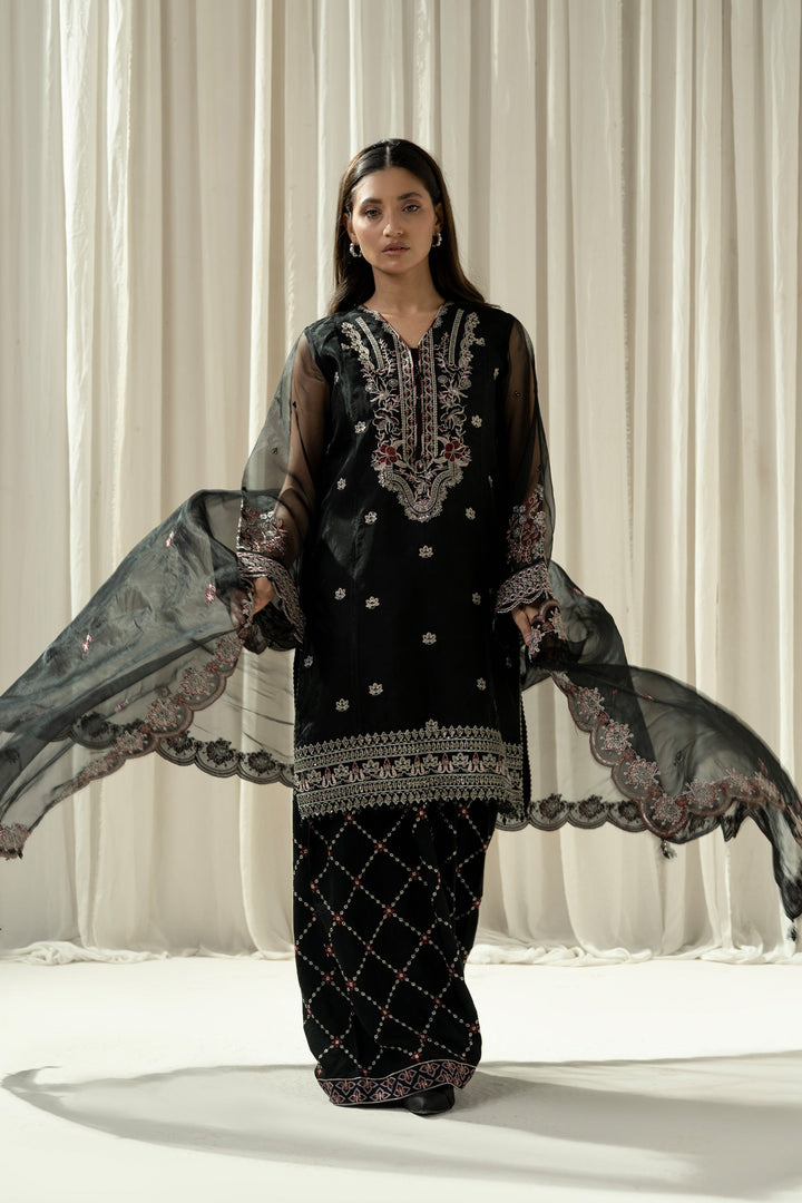 Embroidered Organza Black Stitched Suit - Zeen