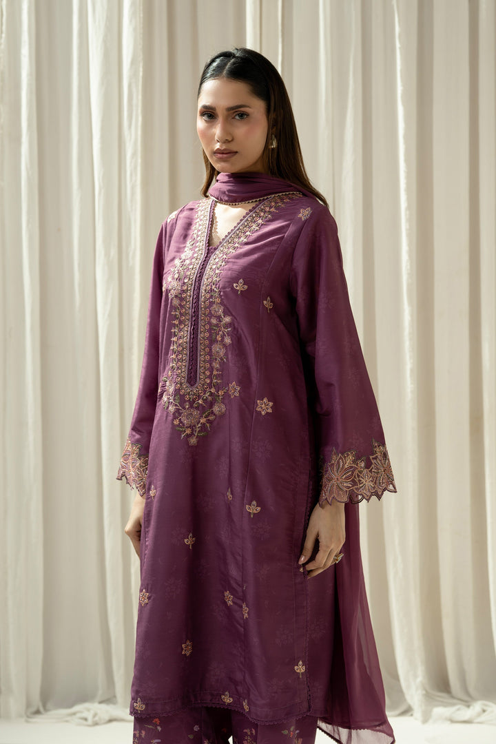 Embroidered Raw Silk Purple Stitched Suit - Zeen