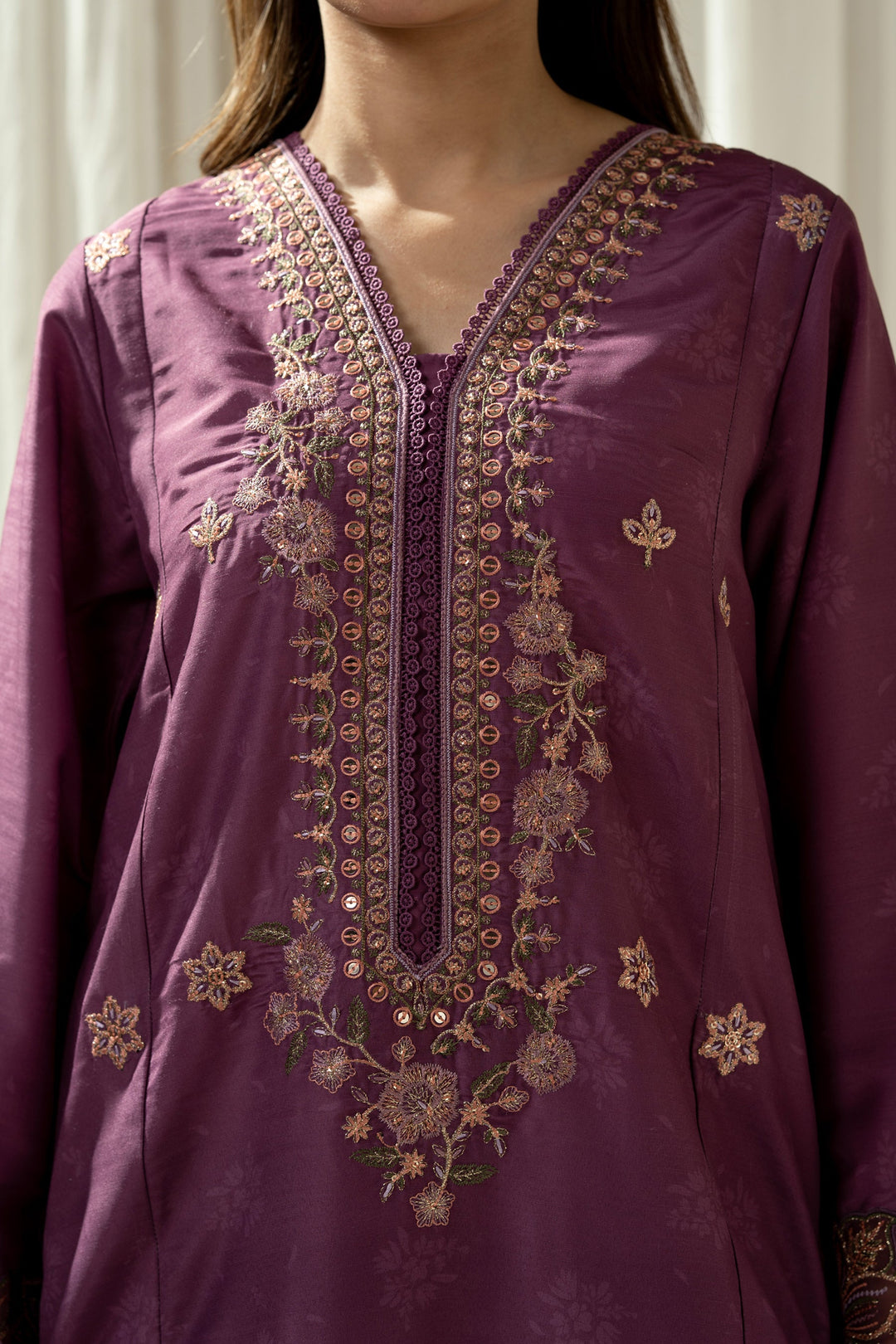 Embroidered Raw Silk Purple Stitched Suit - Zeen