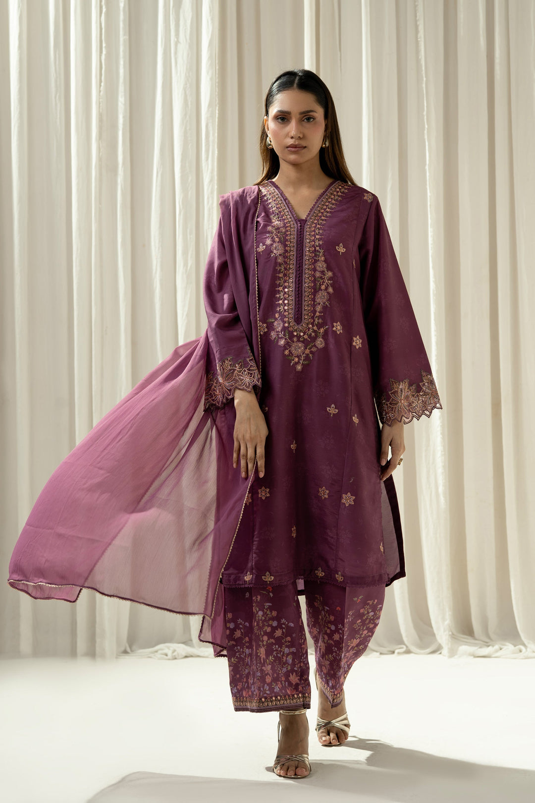 Embroidered Raw Silk Purple Stitched Suit - Zeen