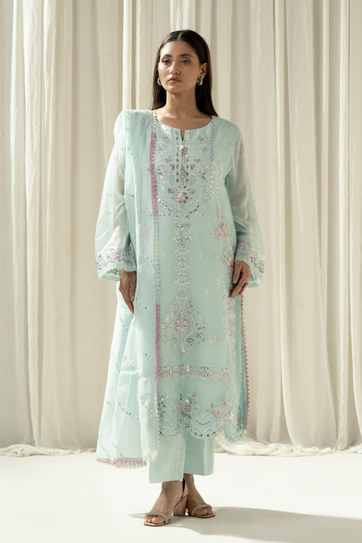 Embroidered Cotton Net Light Blue Stitched Suit - Zeen