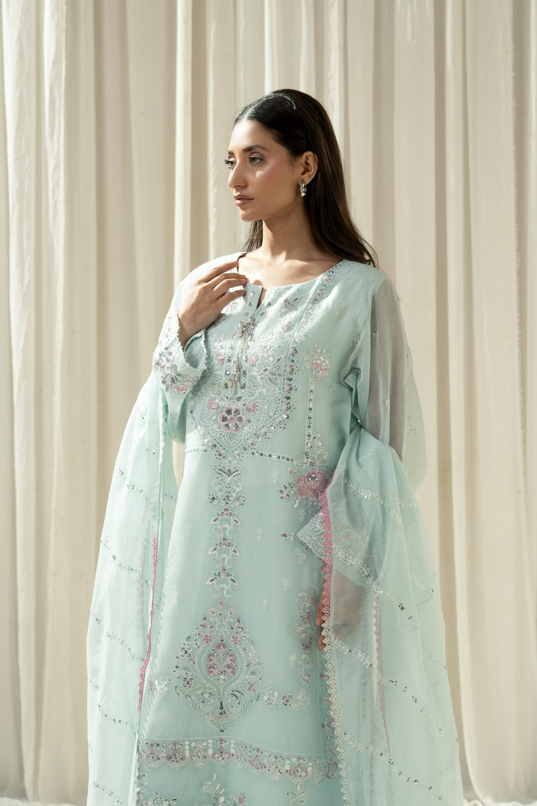 Embroidered Cotton Net Light Blue Stitched Suit - Zeen