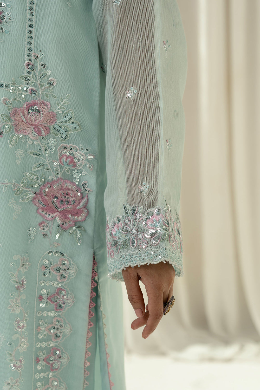 Embroidered Cotton Net Light Blue Stitched Suit - Zeen