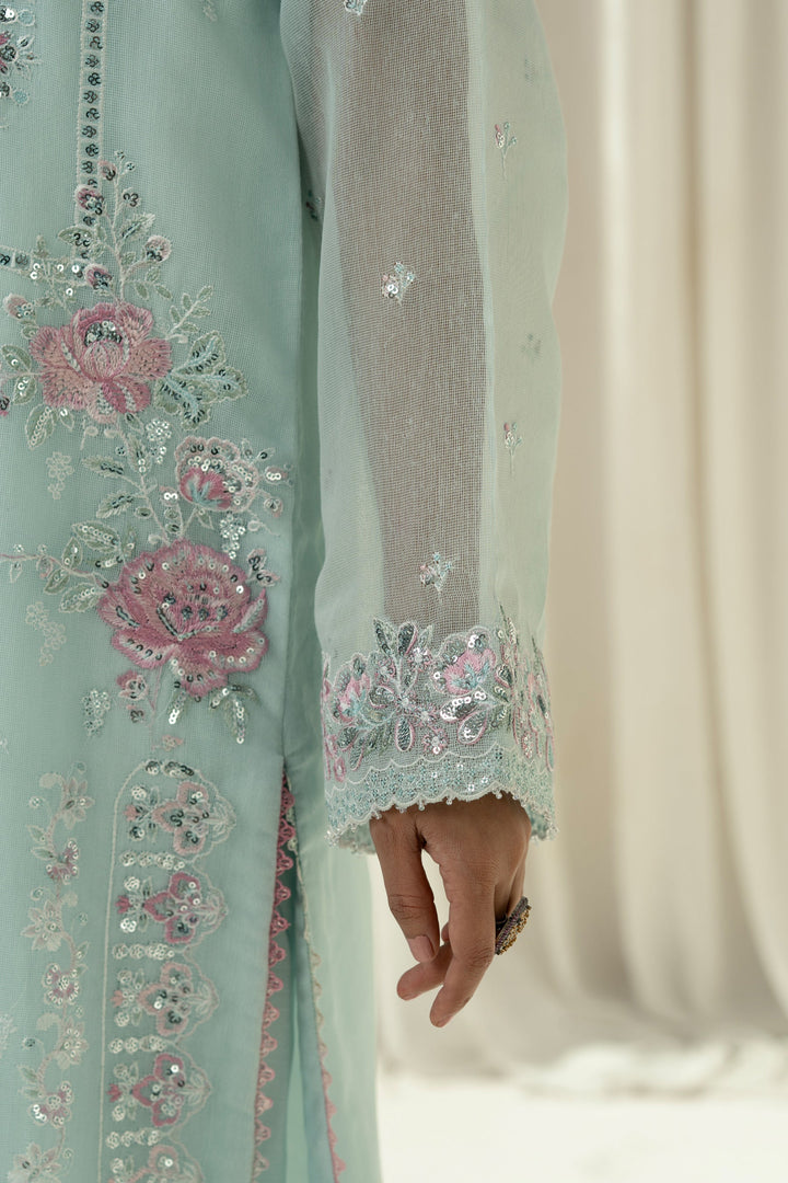Embroidered Cotton Net Light Blue Stitched Suit - Zeen