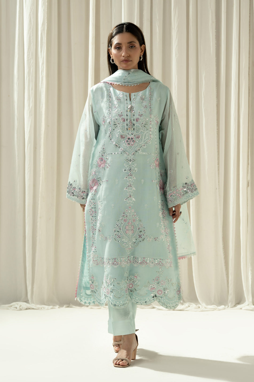 Embroidered Cotton Net Light Blue Stitched Suit - Zeen