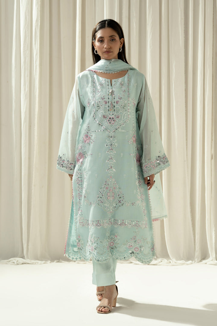 Embroidered Cotton Net Light Blue Stitched Suit - Zeen