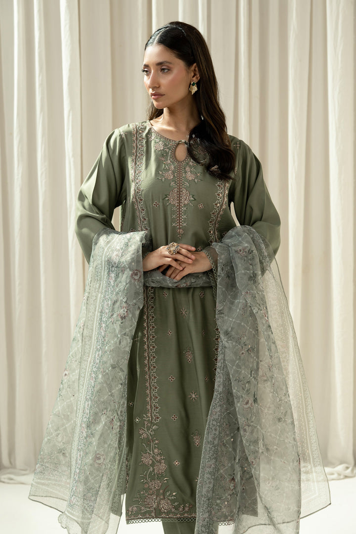 Embroidered Raw Silk Green Stitched Suit - Zeen
