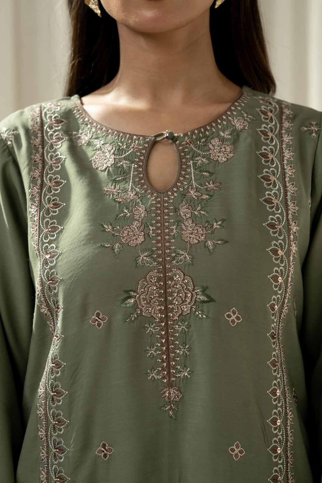 Embroidered Raw Silk Green Stitched Suit - Zeen