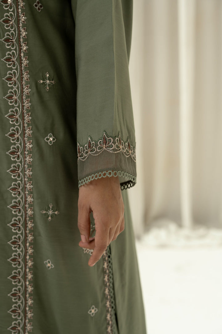 Embroidered Raw Silk Green Stitched Suit - Zeen