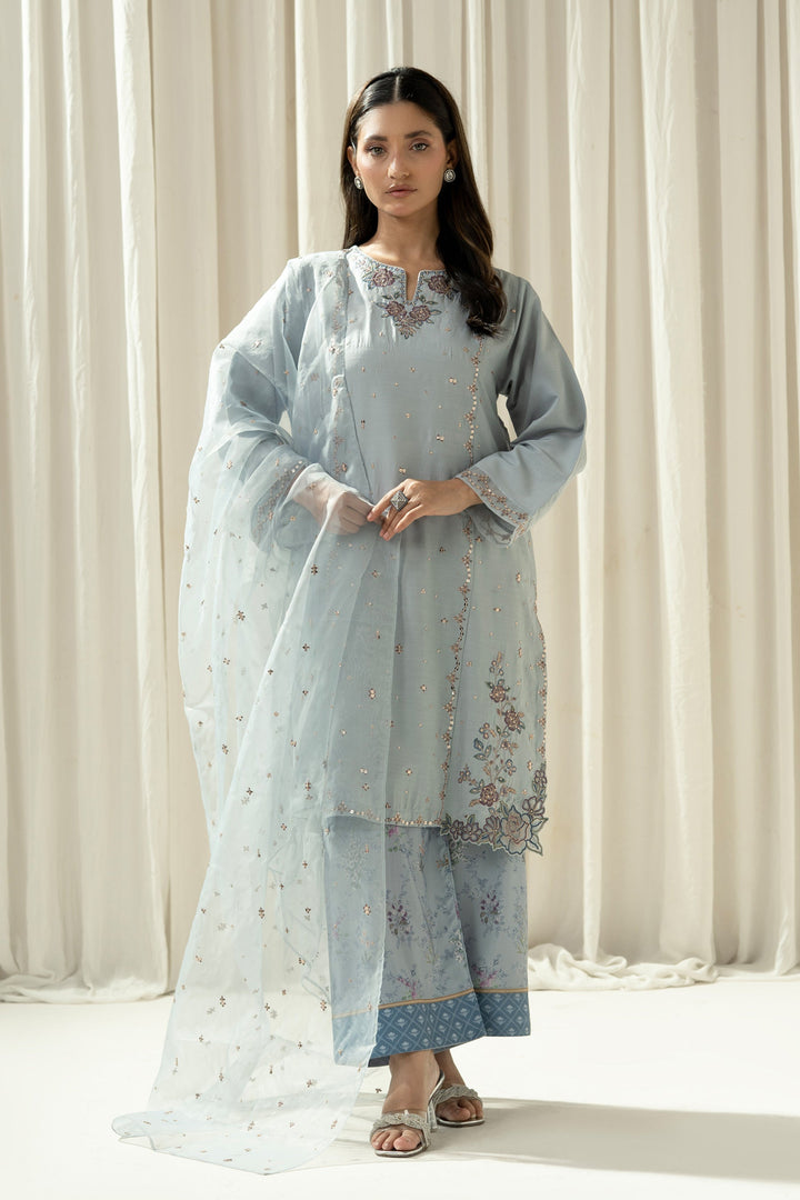 Embroidered Raw Silk Light Blue Stitched Suit - Zeen