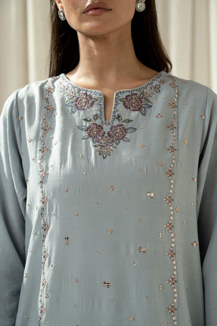Embroidered Raw Silk Light Blue Stitched Suit - Zeen