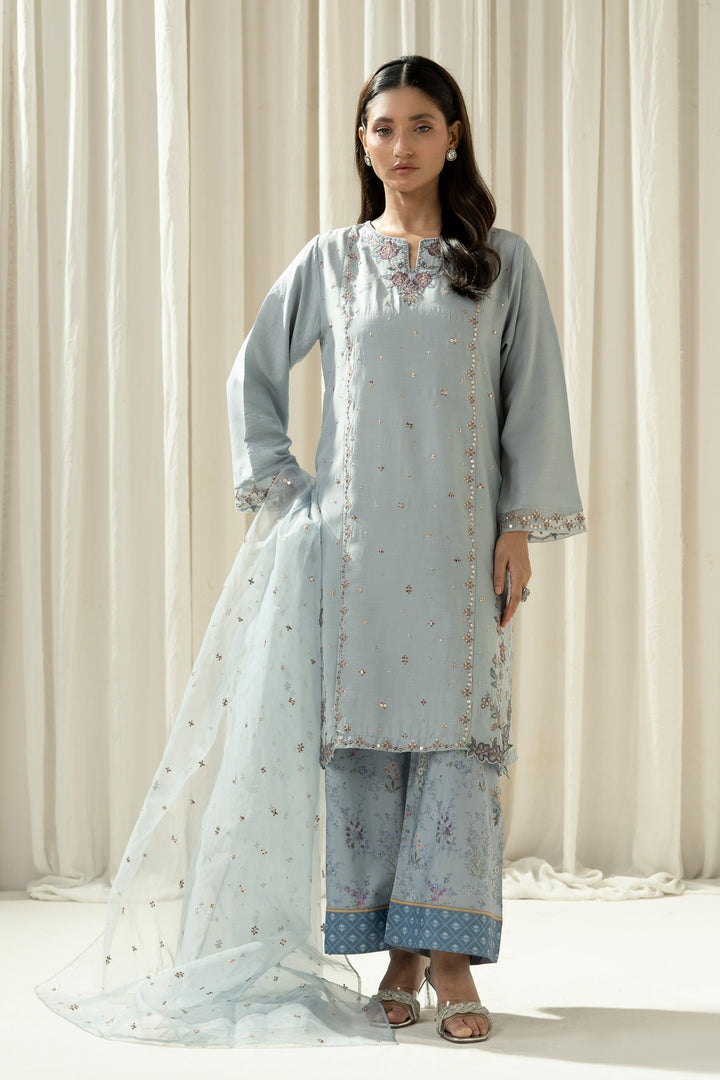 Embroidered Raw Silk Light Blue Stitched Suit - Zeen