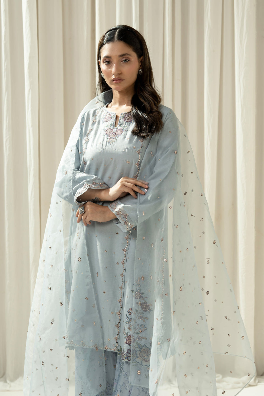 Embroidered Raw Silk Light Blue Stitched Suit - Zeen