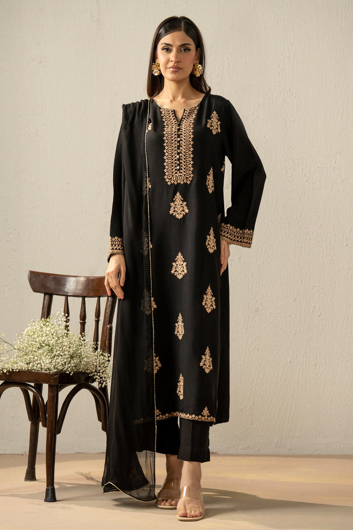Embroidered Oak Silk Black Stitched Suit - Zeen