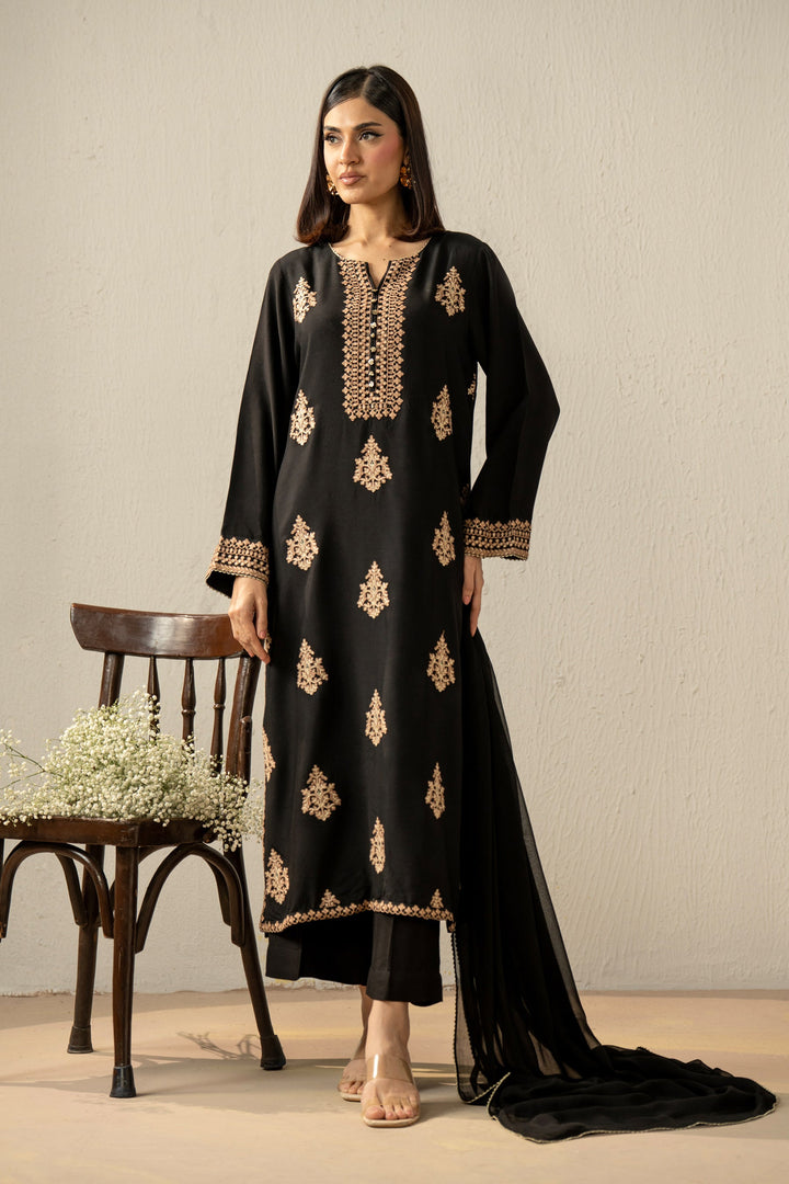 Embroidered Oak Silk Black Stitched Suit - Zeen