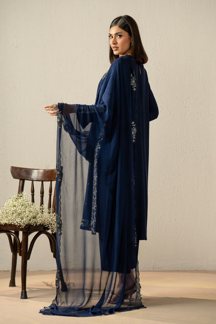 Embroidered Oak Silk Navy Blue Stitched Suit - Zeen