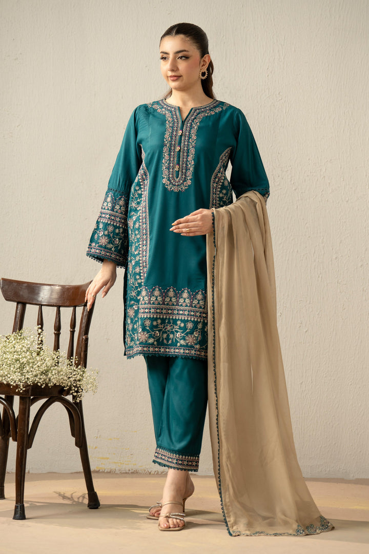 Embroidered Raw Silk Teal Stitched Suit - Zeen